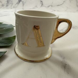 Anthropologie Monogram Retro Coffee Mug Letter Initial A Gold Shave Style Cup